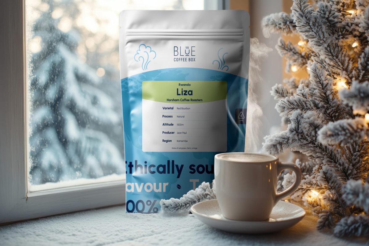 A bag of Blue Coffee Box coffee and a cup of coffee on a snowy windowsill beside a Christmas tree