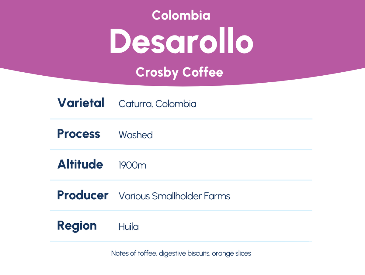Purple and white Crosby Coffee label for Colombia Desarollo, listing Caturra varietal, washed process, and 1900m altitude.