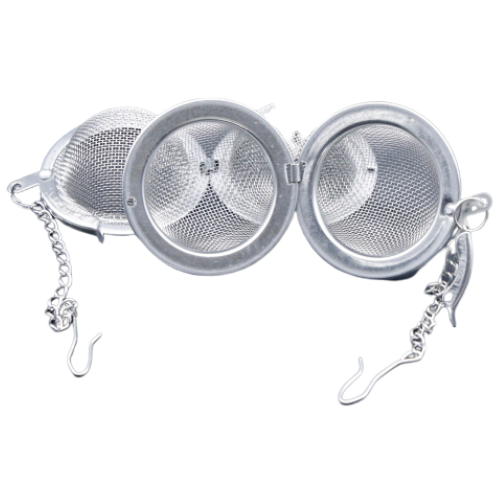 Two round silver metal mesh tea ball infusers with attached chains and hooks, shown open and closed on a white background.